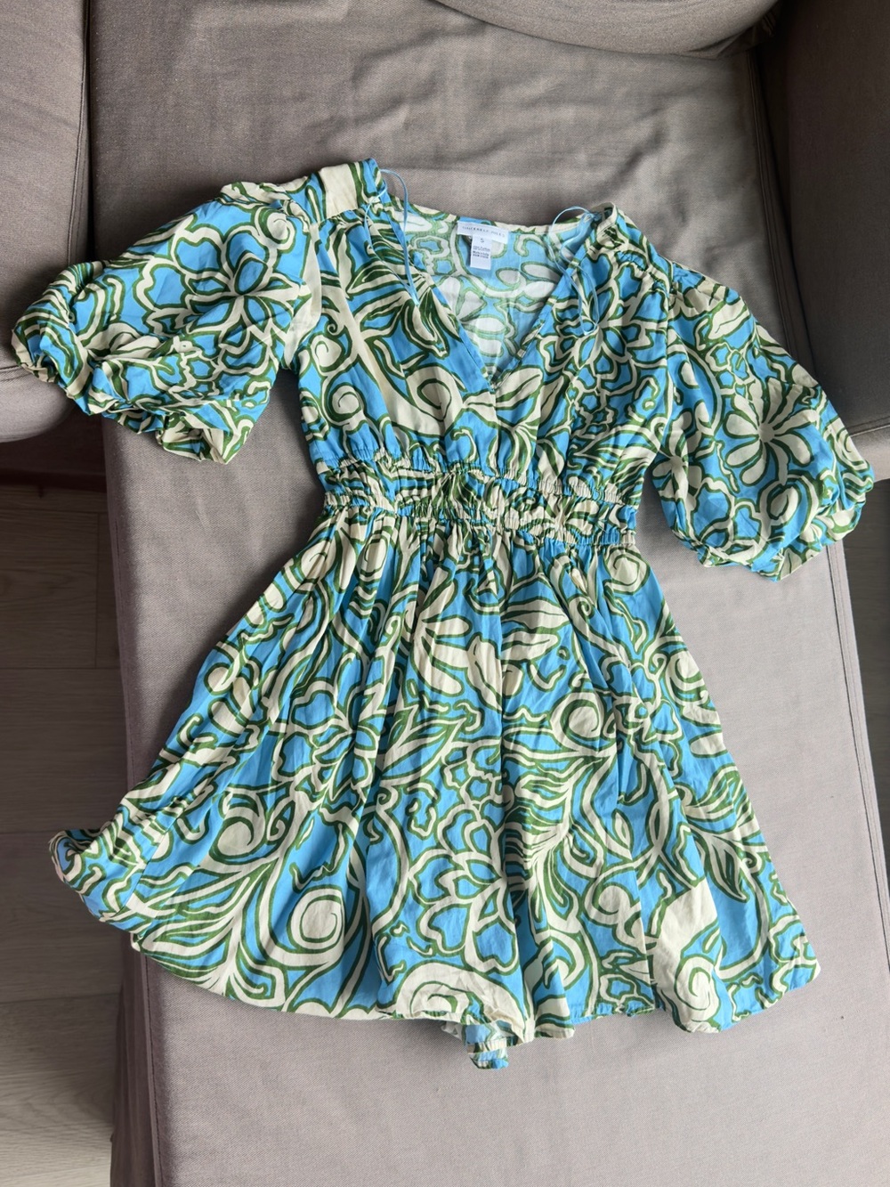 Sincerly Jules Blue & Green Floral Puff-Sleeve Dress